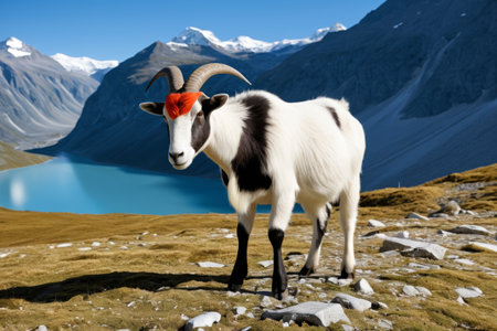 A red-headed goat stands on the mountainの素材