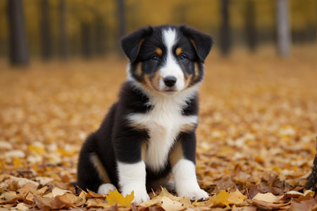 A puppy sits in the leaves of the woodsの素材