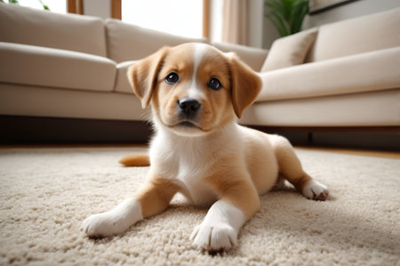 The puppy is lying on the floor in front of the sofa in the living roomの素材