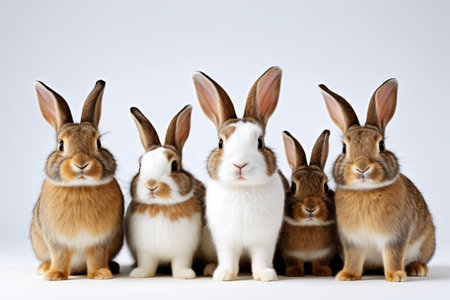 Four rabbits lined up one after another looking at the cameraの素材