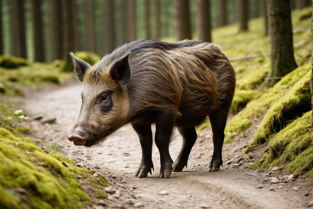 A little wild boar walks along a dirt road in the woodsの素材