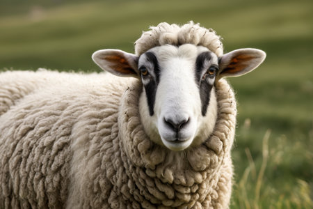 A sheep stands on the grass looking at the cameraの素材