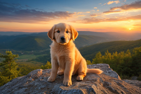 A dog sitting on a rock on a mountainの素材