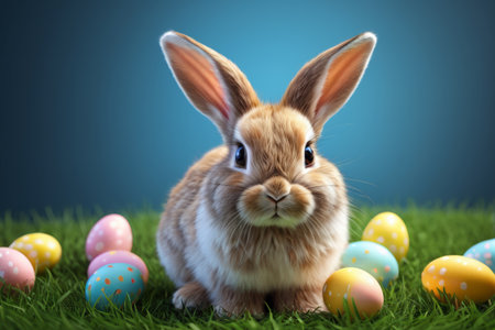 There is a rabbit sitting in the grass with an Easter egg on itの素材