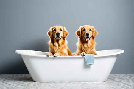 Dog sitting in bathtub with towel on edgeの素材