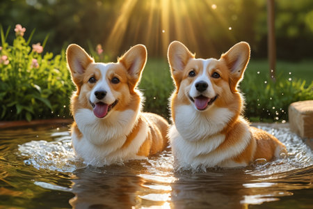 Two dogs sitting in the pool with their tongues outの素材