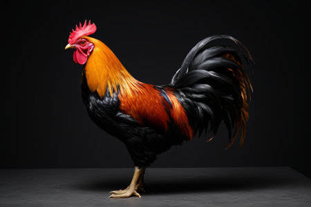The rooster's feathers are red and black standing on a black backgroundの素材