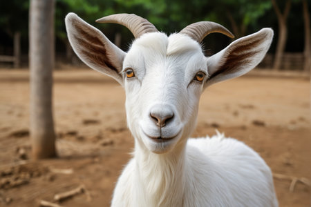 A goat with horns stands in the mudの素材