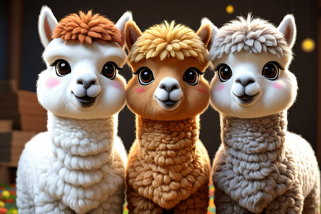 Three stuffed llamas standing side by side on a tableの素材