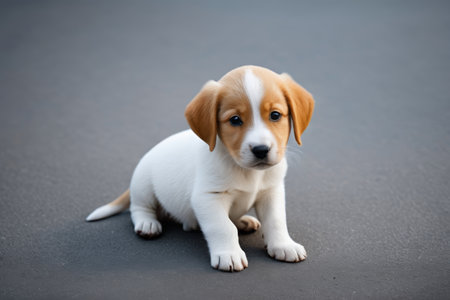The puppy sits on the ground and looks at the cameraの素材