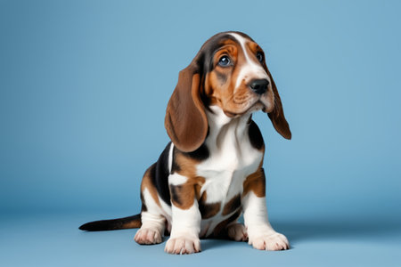 The puppy sits against a blue background and looks up at the cameraの素材