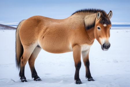 A horse standing in the snow and skyの素材