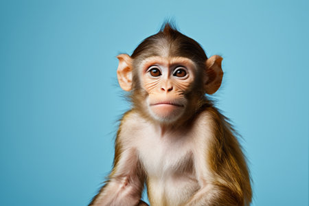 Monkey sitting on a table with a blue backgroundの素材