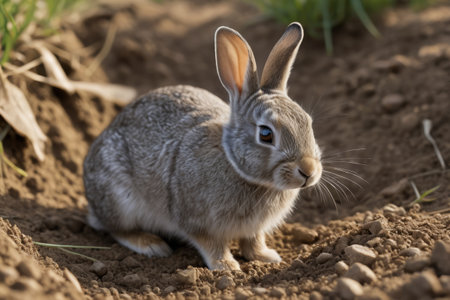 A rabbit sitting in the dirtの素材