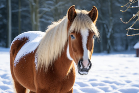 A horse standing in the snowの素材