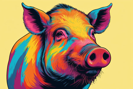 Close-up of a pig on a yellow backgroundの素材