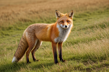 A fox stands on the grass looking at the cameraの素材