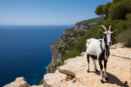 A goat stands on a rocky cliff overlooking the seaの素材
