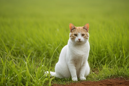 There is a cat sitting in the grass on the groundの素材