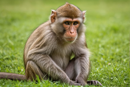 Monkey sitting on grass in fieldの素材