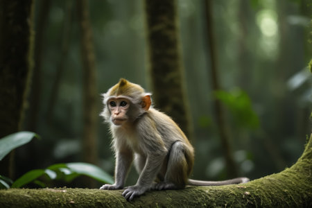 A monkey sits on a branch in the forestの素材
