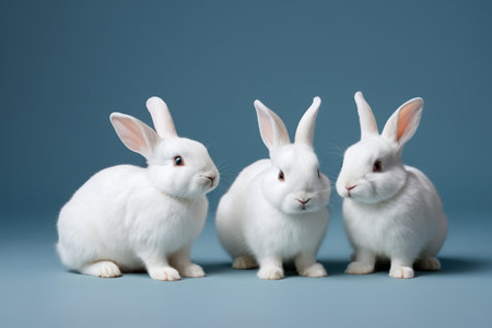 Three white rabbits sitting next to each other on a blue backgroundの素材