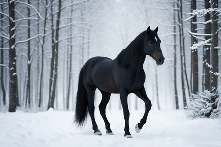 A dark horse walks in the snowの素材