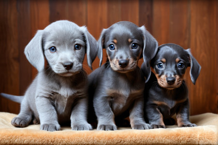 Three puppies sitting on a blanket in front of a wooden wallの素材