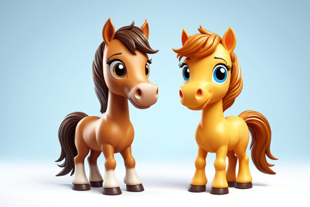 Two toy horses standing side by side on a blue backgroundの素材