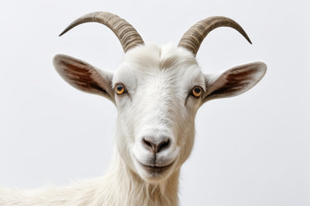 A goat with long horns stands in front of a white backgroundの素材