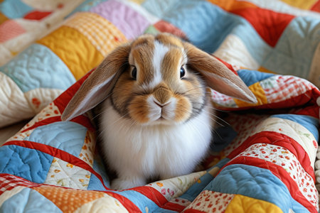 A rabbit sitting on a quilt on the bedの素材