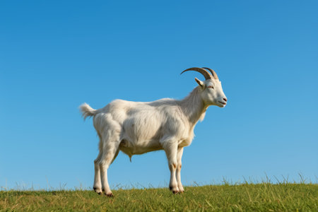 Goats standing on grassy hills in blue skyの素材