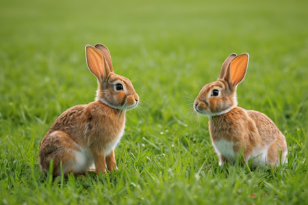 Two rabbits sitting on the grass looking at each otherの素材