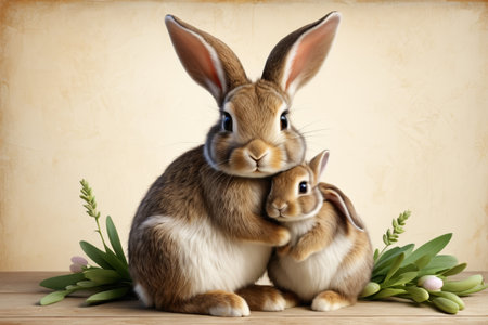 There are two rabbits sitting on a table with flowers and leaves on the tableの素材
