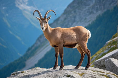 A goat stands on the rock on the mountainの素材