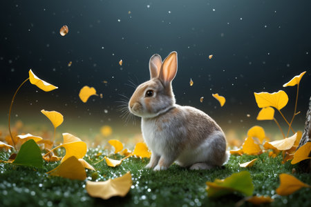 A rabbit sits in the grass with leaves flying aroundの素材