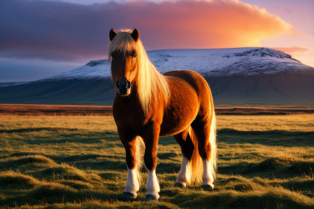 A horse standing on a hill in a fieldの素材