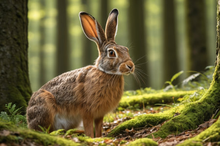 The rabbit sat in the woods with moss on the groundの素材