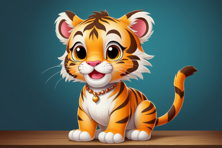 Cartoon Tiger sitting on a table with a blue backgroundの素材