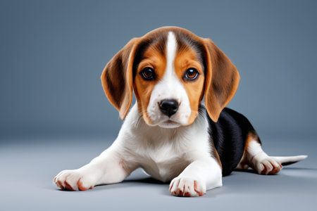 Puppy lying on a gray background with a blue backgroundの素材
