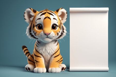 A tiger sits next to a blank signの素材