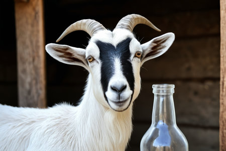 A goat stands next to a bottle of waterの素材