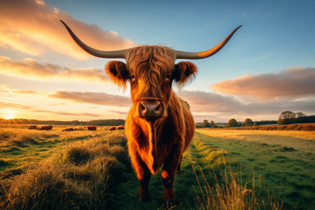 A cow standing in the sky on the grassの素材