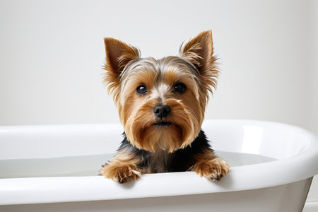 A puppy sits in the bathtub with its paws on the edgeの素材