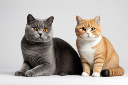 Two cats sitting side by side on a white backgroundの素材