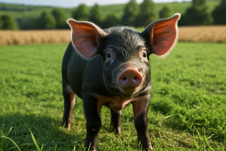 A piglet stands on a meadowの素材