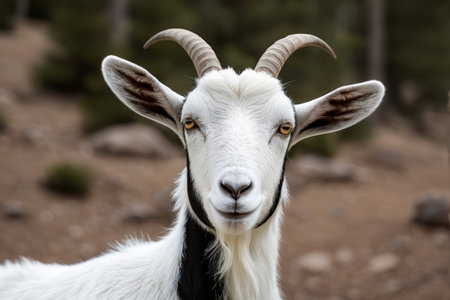 A goat with long horns stands in the soilの素材