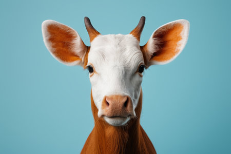 A cow with horns and nose ring on a blue backgroundの素材