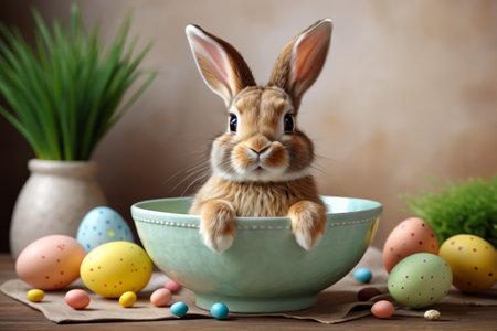 A bunny sits in a bowl with Easter eggsの素材