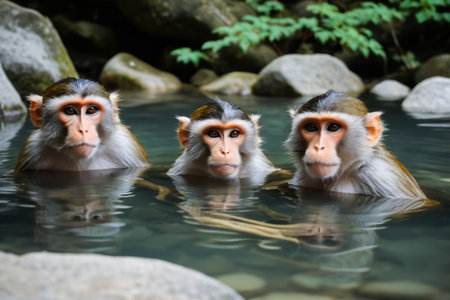 Three monkeys in water with their heads above waterの素材